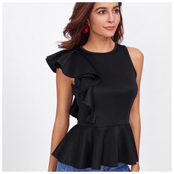 Black Layered Side Ruffle Stretch Peplum Top - Picture 2 of 10